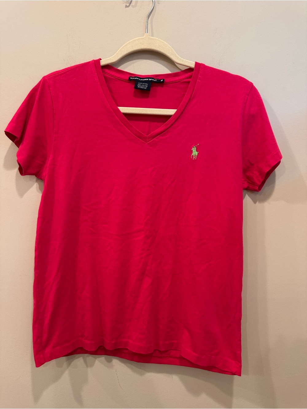 Ralph Lauren Sport Pink V-Neck Tee with Lime Pony Cotton Preppy Summer Sz M - Picture 2 of 6